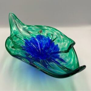 Rare Royal Gallery Bohemian Glass Czech Cobalt Blue Green Bowl Stunning Vintage